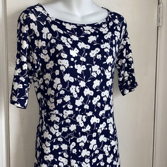 LANDS’ END Navy Blue White Floral Elbow Sleeve Midi Dress-XS - Picture 3 of 8